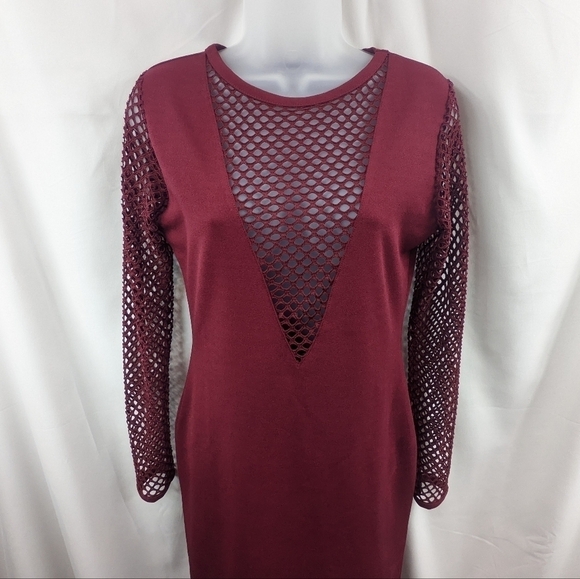 Boohoo Lottie Long Sleeve Fishnet V Neck Midi Dress Sz 8 - Picture 2 of 9